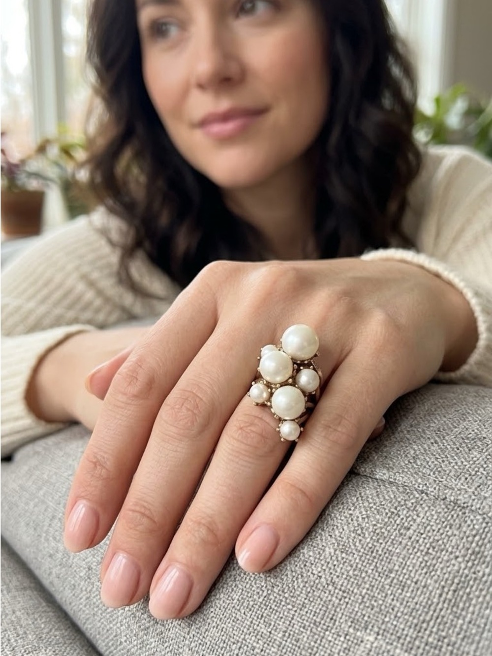 Vintage Copper Faux Pearl Cluster Statement Ring sz 7.5